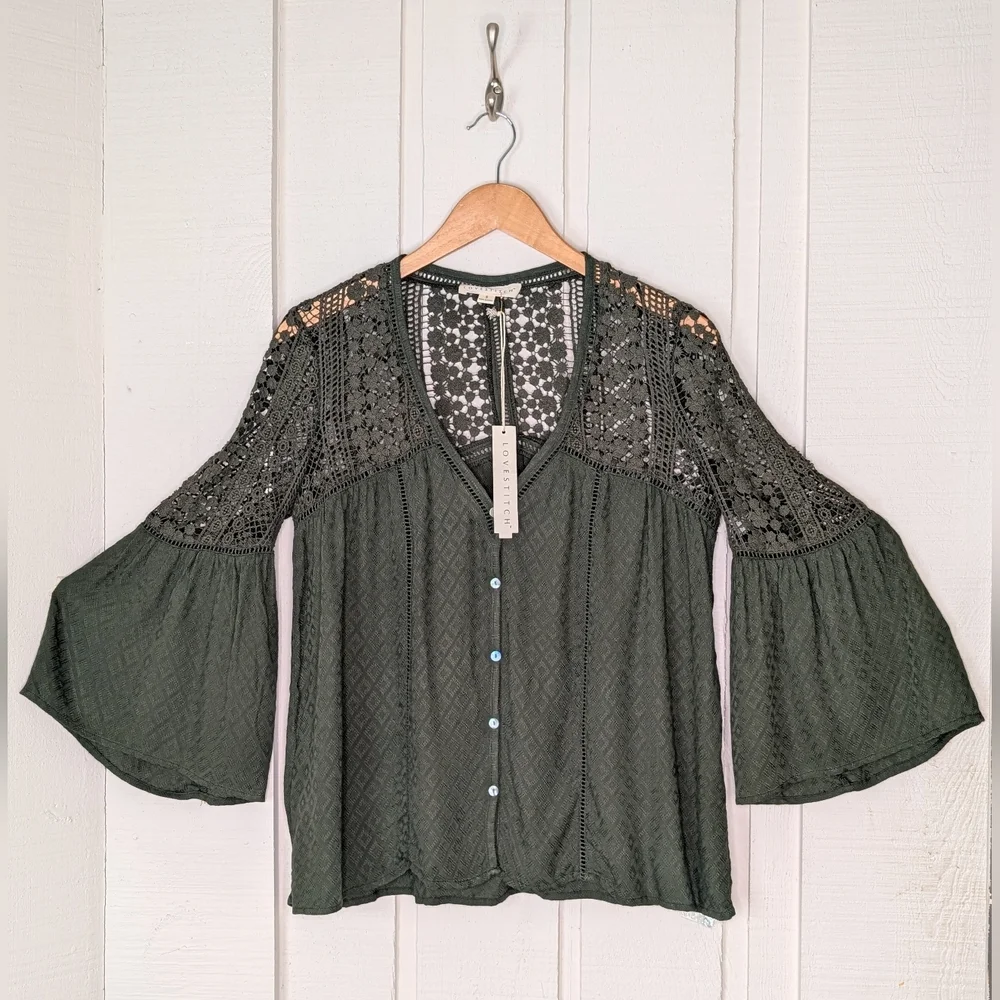 NWT LOVESTITCH Olive Green Sahara Mixed Lace Top Sz Small Rayon Flowy Boho Chic - Picture 4 of 17